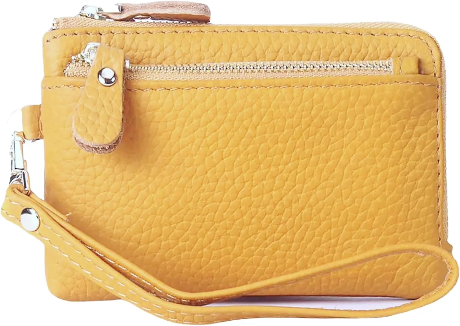 Women Genuine Real Leather Coin Purse with Hand Strap. 3 Zipper Small Wallet Wristlet with 3 credit cards slots Holder - Yellow
