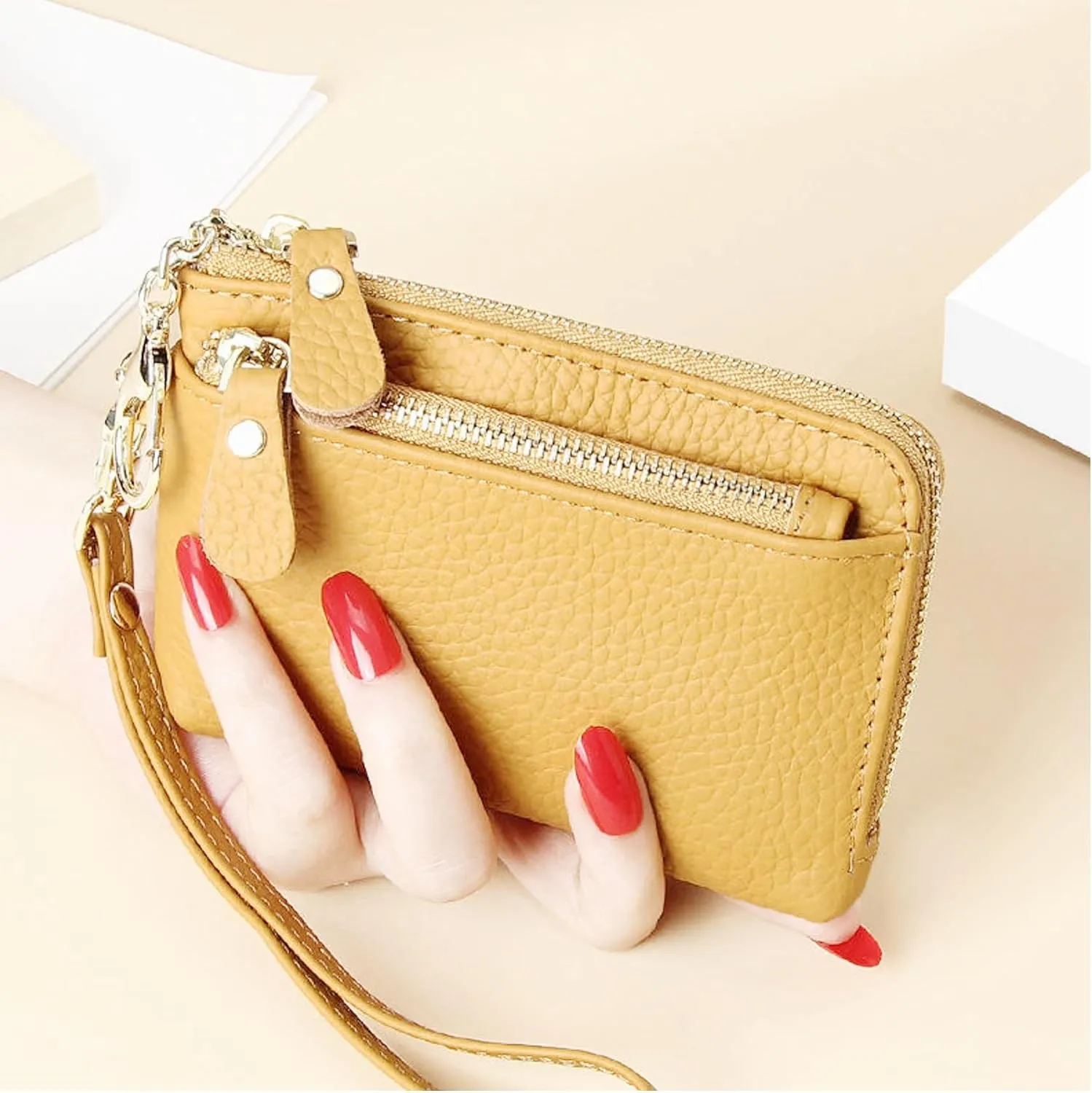 Women Genuine Real Leather Coin Purse with Hand Strap. 3 Zipper Small Wallet Wristlet with 3 credit cards slots Holder - Yellow