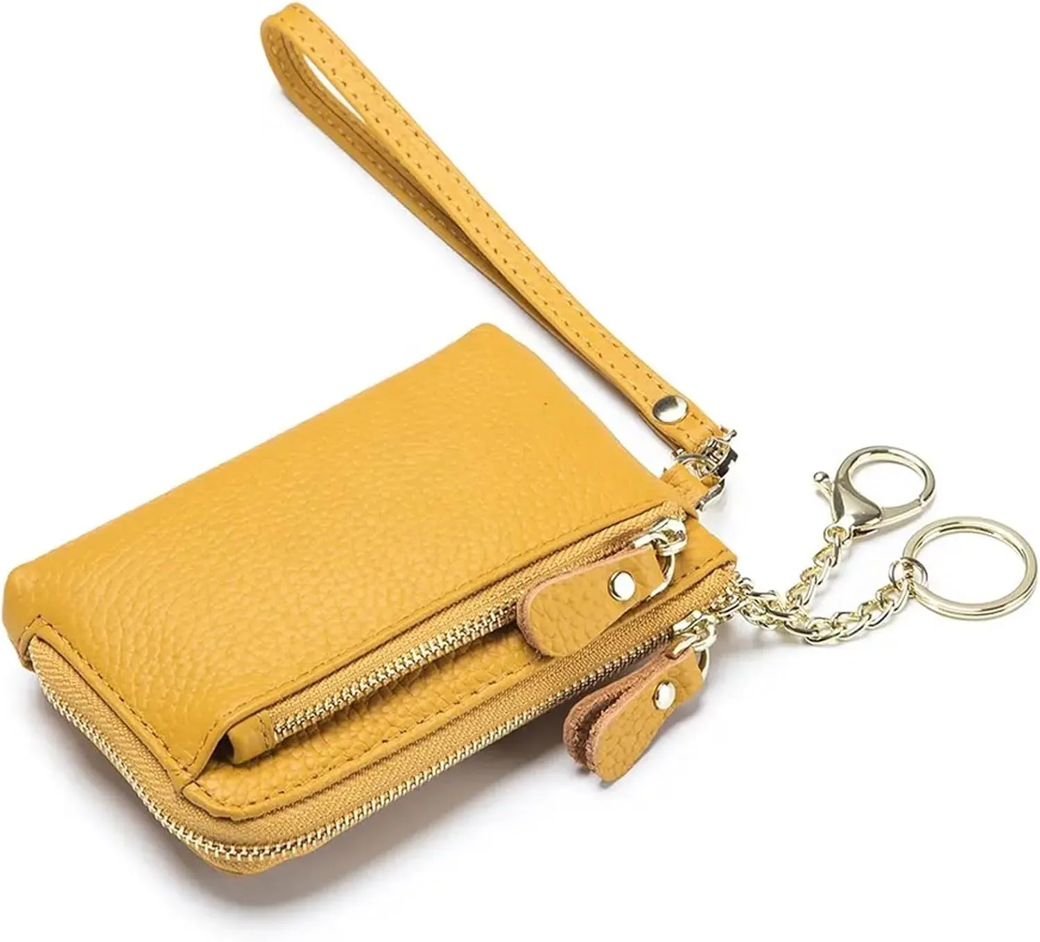 Women Genuine Real Leather Coin Purse with Hand Strap. 3 Zipper Small Wallet Wristlet with 3 credit cards slots Holder - Yellow
