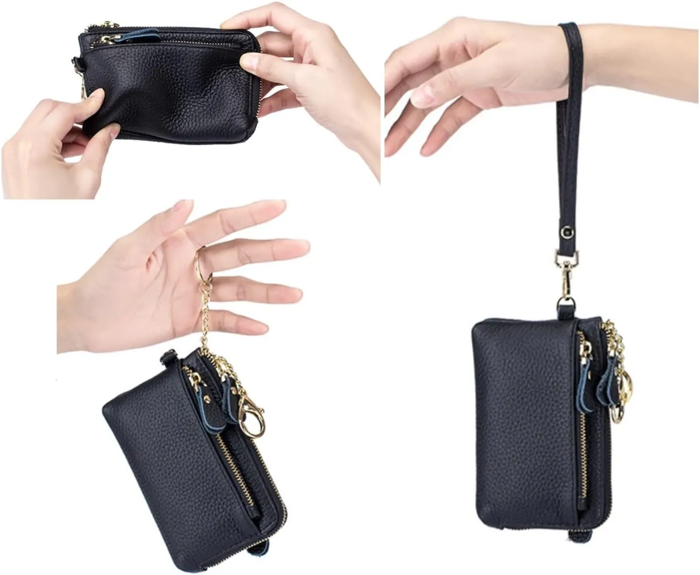 Women Genuine Real Leather Coin Purse with Hand Strap. 3 Zipper Small Wallet Wristlet with 3 credit cards slots Holder - Yellow