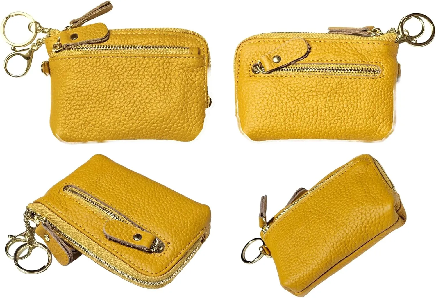 Women Genuine Real Leather Coin Purse with Hand Strap. 3 Zipper Small Wallet Wristlet with 3 credit cards slots Holder - Yellow