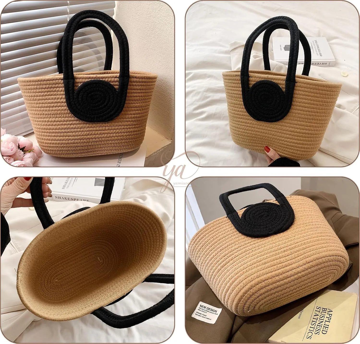Women's Straw Beach Top HandleTote Bag Ideal Summer Top Handle Vintage Shoulder Handbag