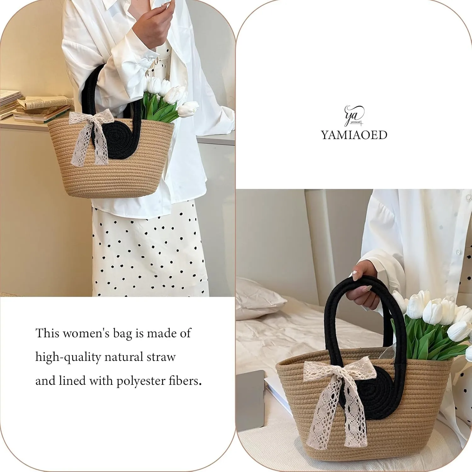 Women's Straw Beach Top HandleTote Bag Ideal Summer Top Handle Vintage Shoulder Handbag