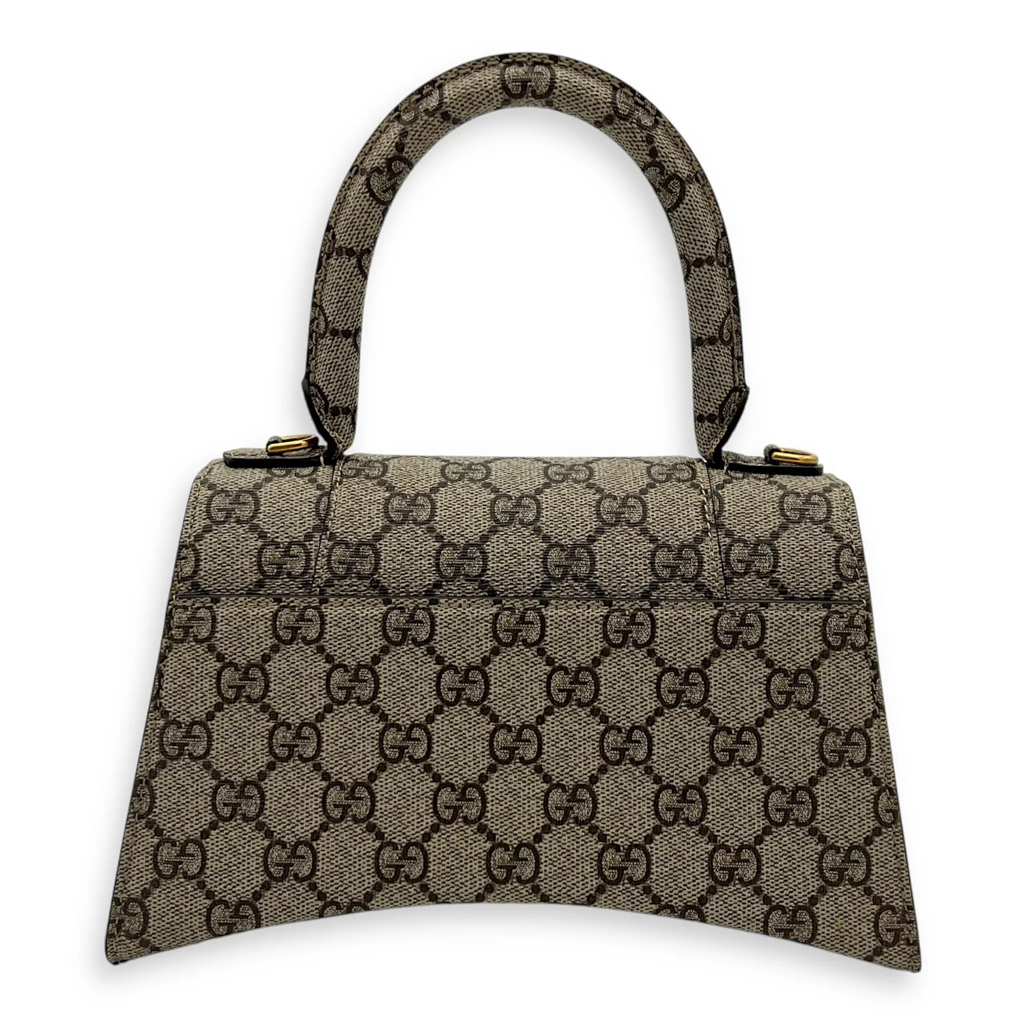 x Balenciaga Hourglass GG Supreme Brown Top Handle Bag in Monogram Coated Canvas, Gold hardware