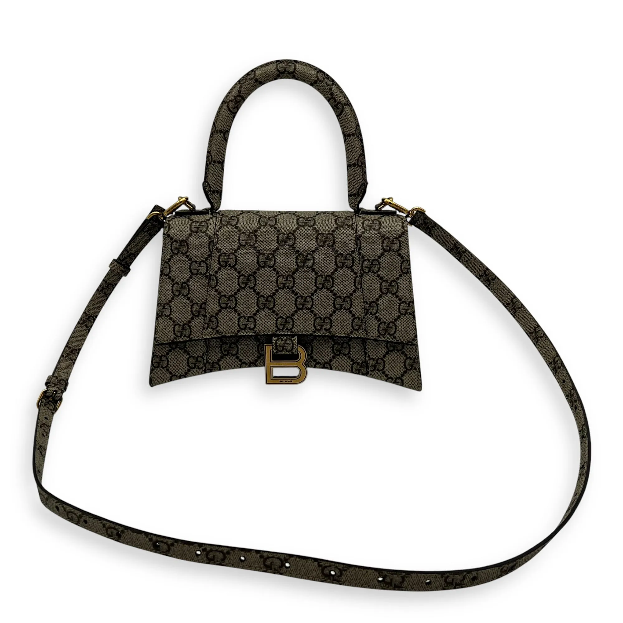 x Balenciaga Hourglass GG Supreme Brown Top Handle Bag in Monogram Coated Canvas, Gold hardware