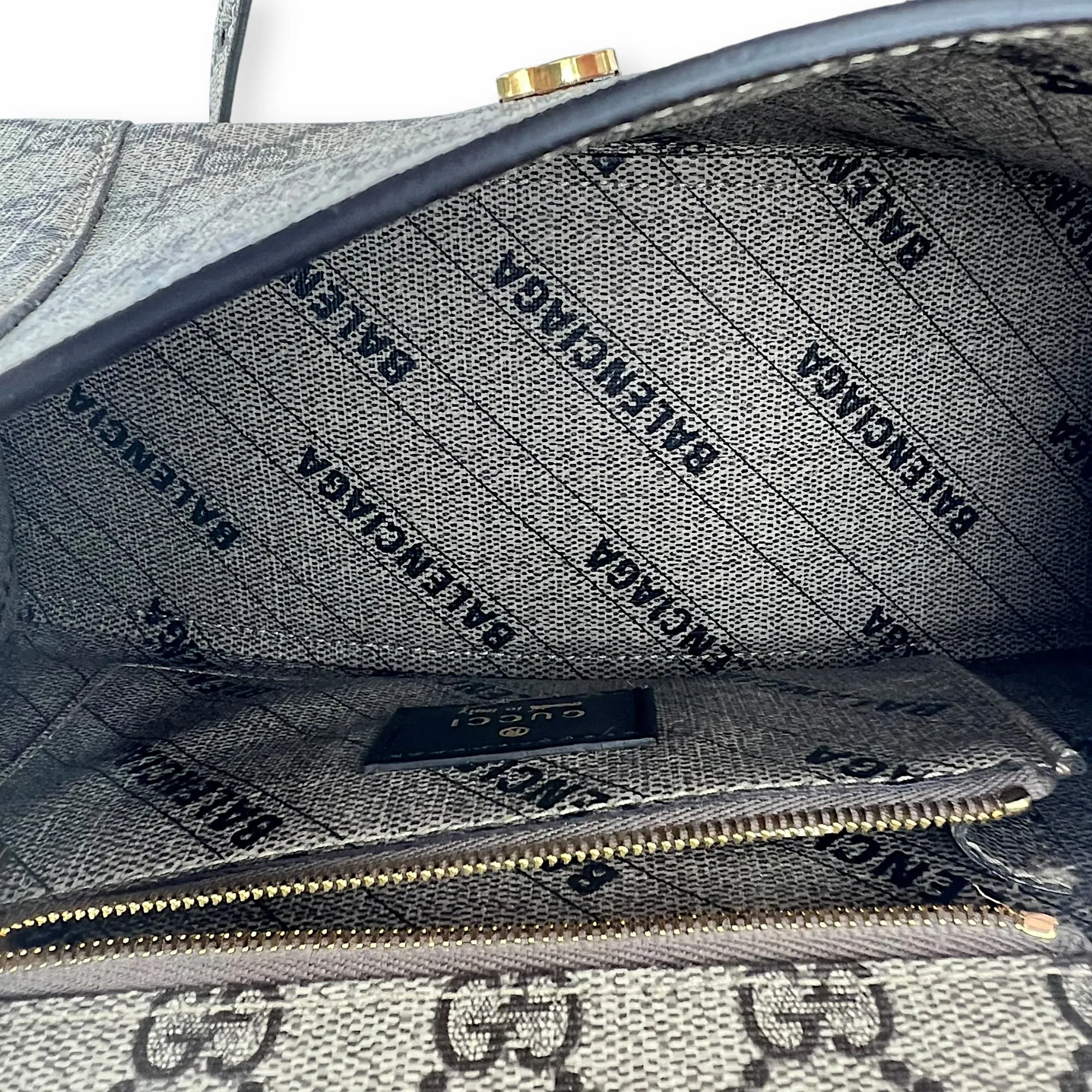 x Balenciaga Hourglass GG Supreme Brown Top Handle Bag in Monogram Coated Canvas, Gold hardware