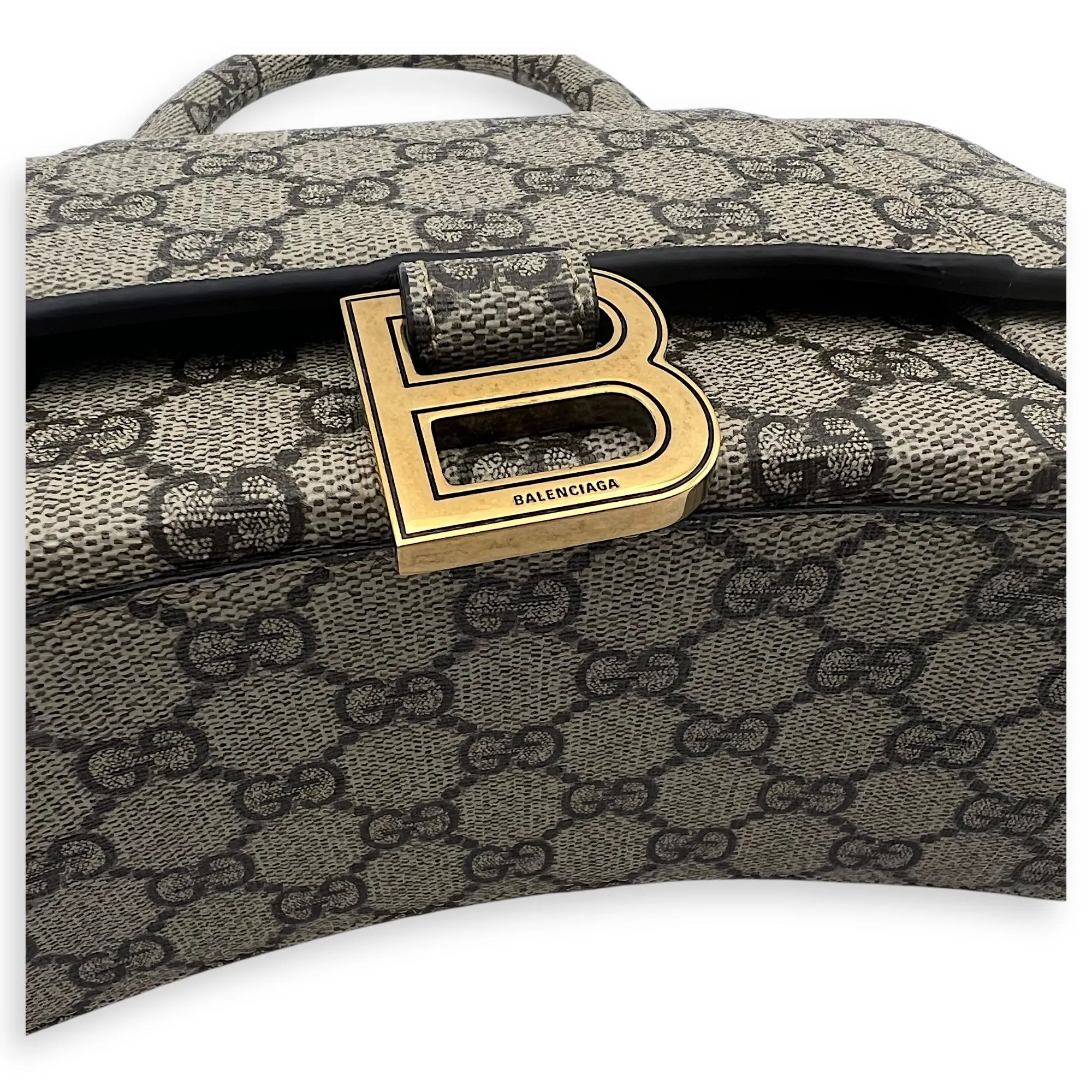 x Balenciaga Hourglass GG Supreme Brown Top Handle Bag in Monogram Coated Canvas, Gold hardware