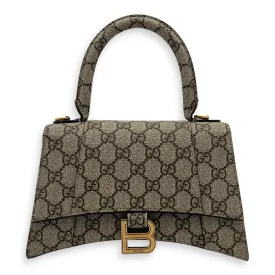 x Balenciaga Hourglass GG Supreme Brown Top Handle Bag in Monogram Coated Canvas, Gold hardware
