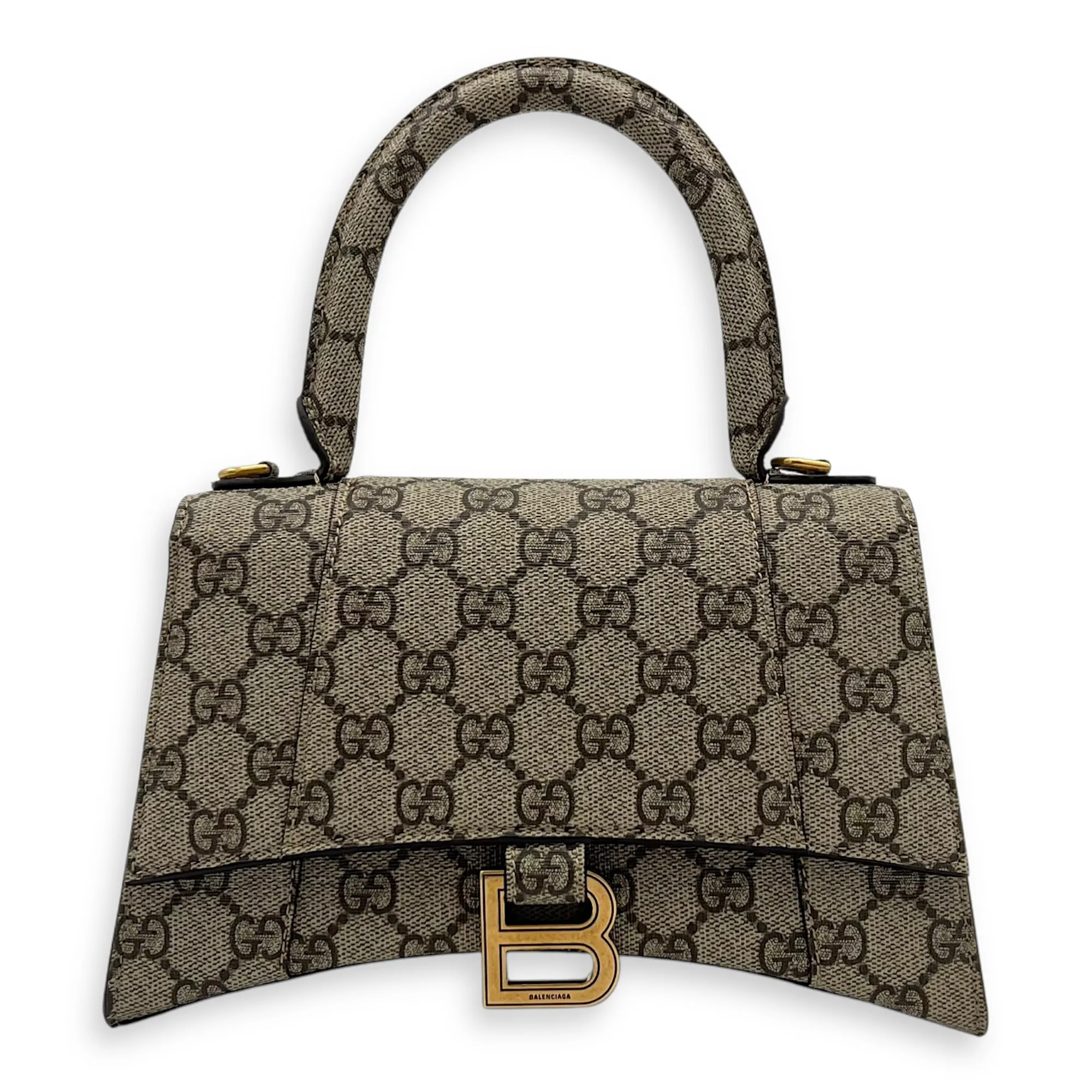 x Balenciaga Hourglass GG Supreme Brown Top Handle Bag in Monogram Coated Canvas, Gold hardware