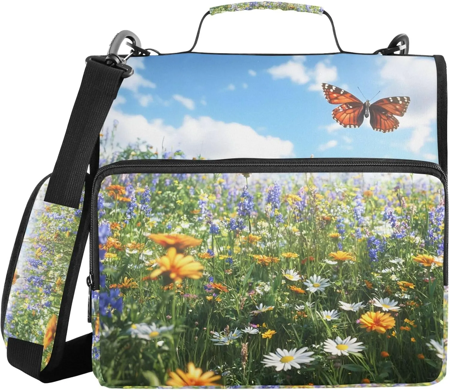 xigua Meadow with Wildflowers Zipper Binder 3 Ring, 1.5 Inch Ring Binder Organizer Bag with Shoulder Strap Fits 13 Inch Laptop for School and Office