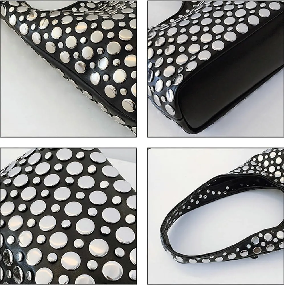 Y2k 90s Crescent Hobo Bags Women Trendy Studded PU Leather Shoulder Crossbody Purse Punk Underarm Satchels Tote Handbag