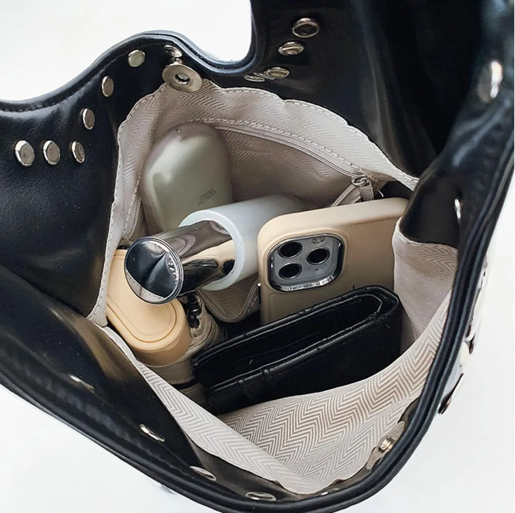 Y2k 90s Crescent Hobo Bags Women Trendy Studded PU Leather Shoulder Crossbody Purse Punk Underarm Satchels Tote Handbag