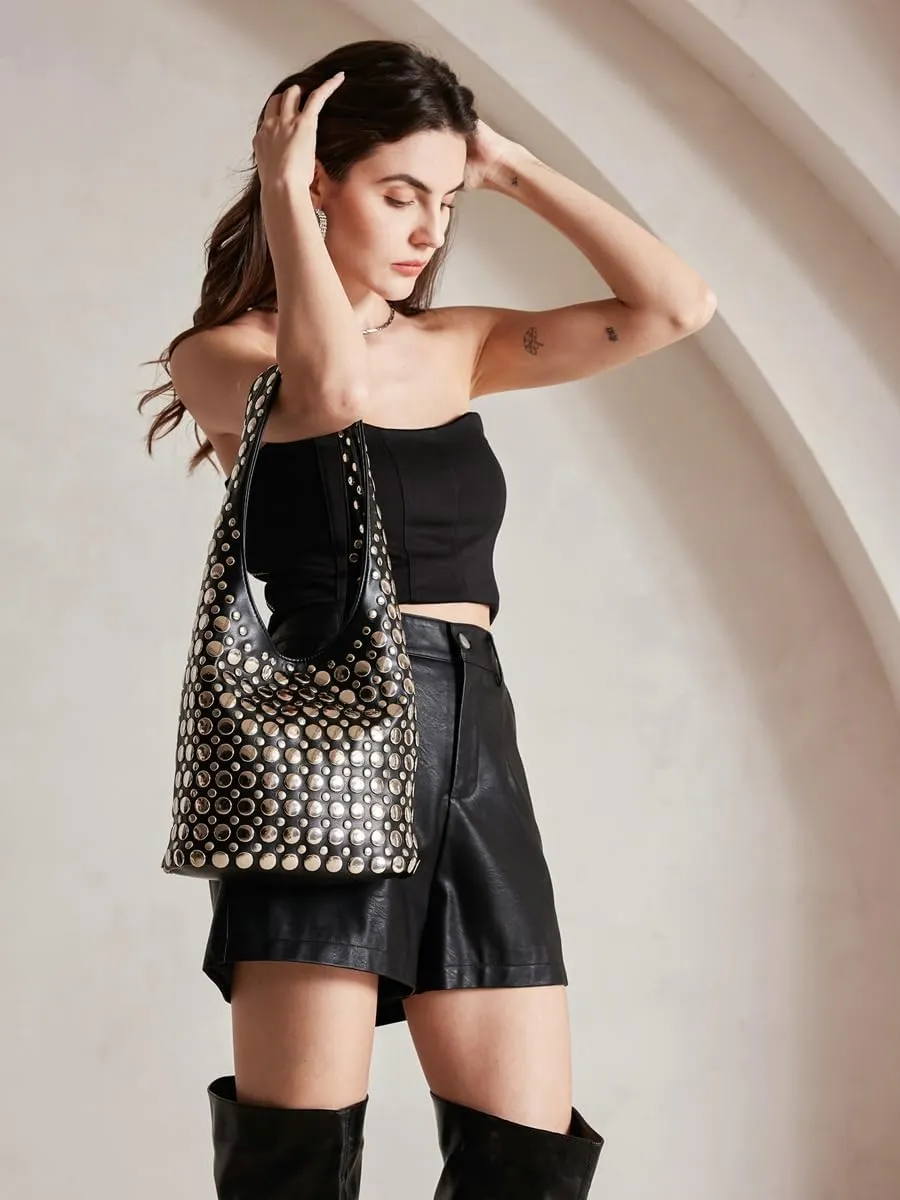 Y2k 90s Crescent Hobo Bags Women Trendy Studded PU Leather Shoulder Crossbody Purse Punk Underarm Satchels Tote Handbag