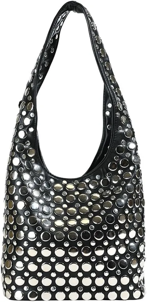 Y2k 90s Crescent Hobo Bags Women Trendy Studded PU Leather Shoulder Crossbody Purse Punk Underarm Satchels Tote Handbag