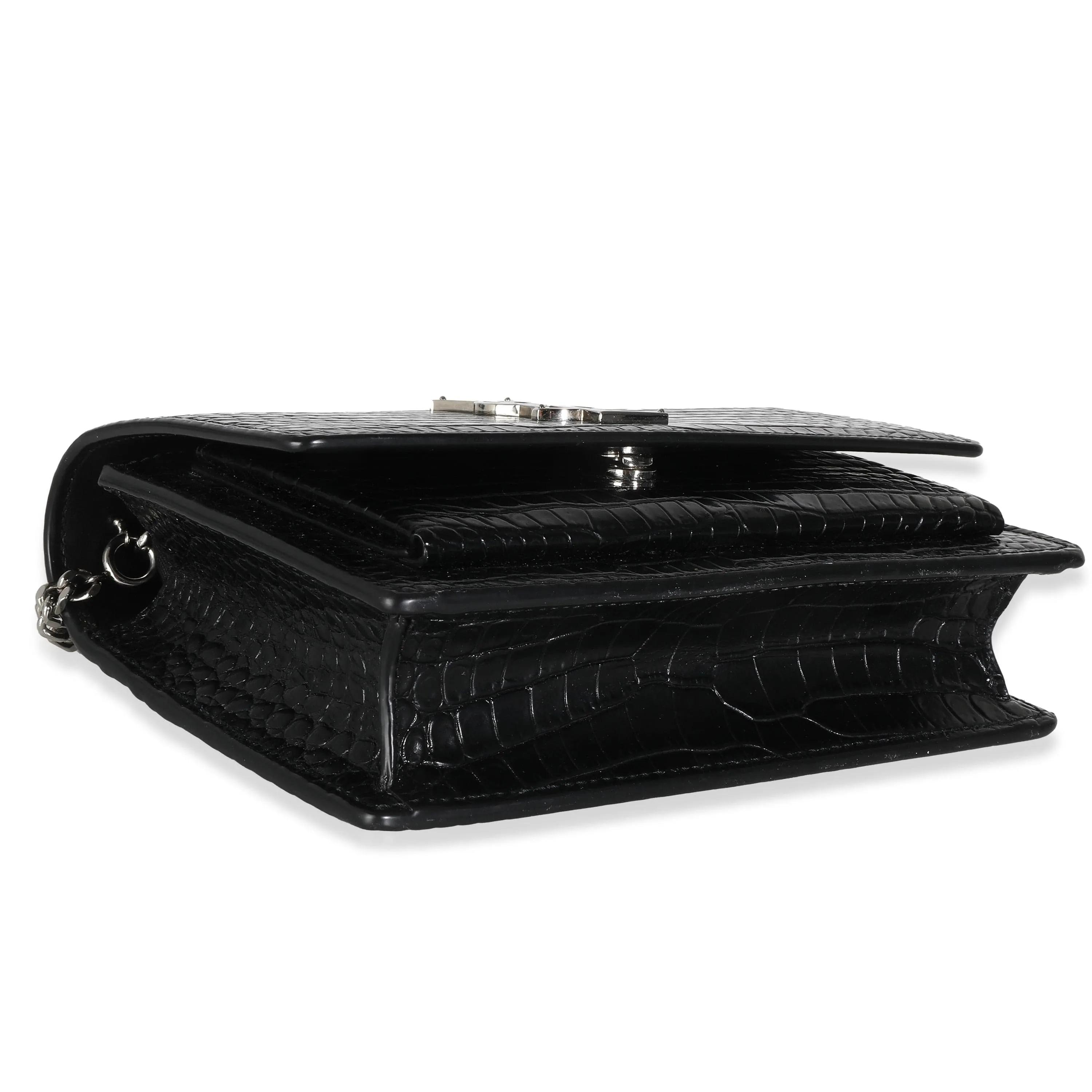 YSL Black Shiny Croc Embossed Sunset Chain Wallet
