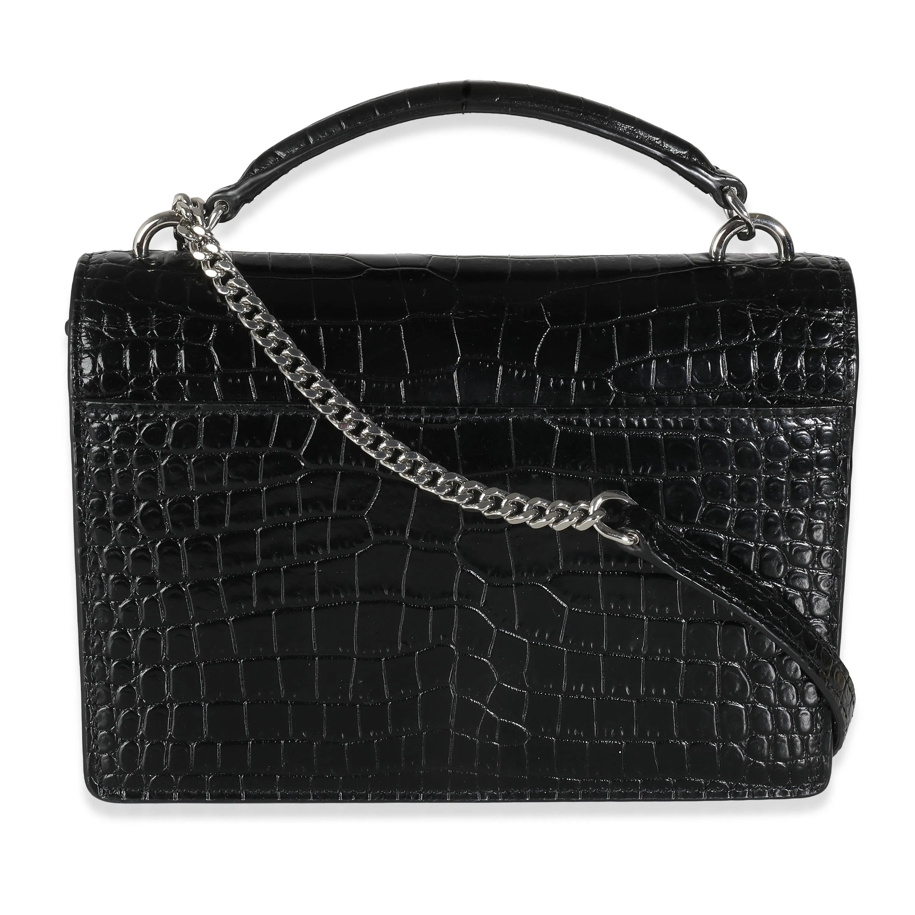 YSL Black Shiny Croc Embossed Sunset Chain Wallet