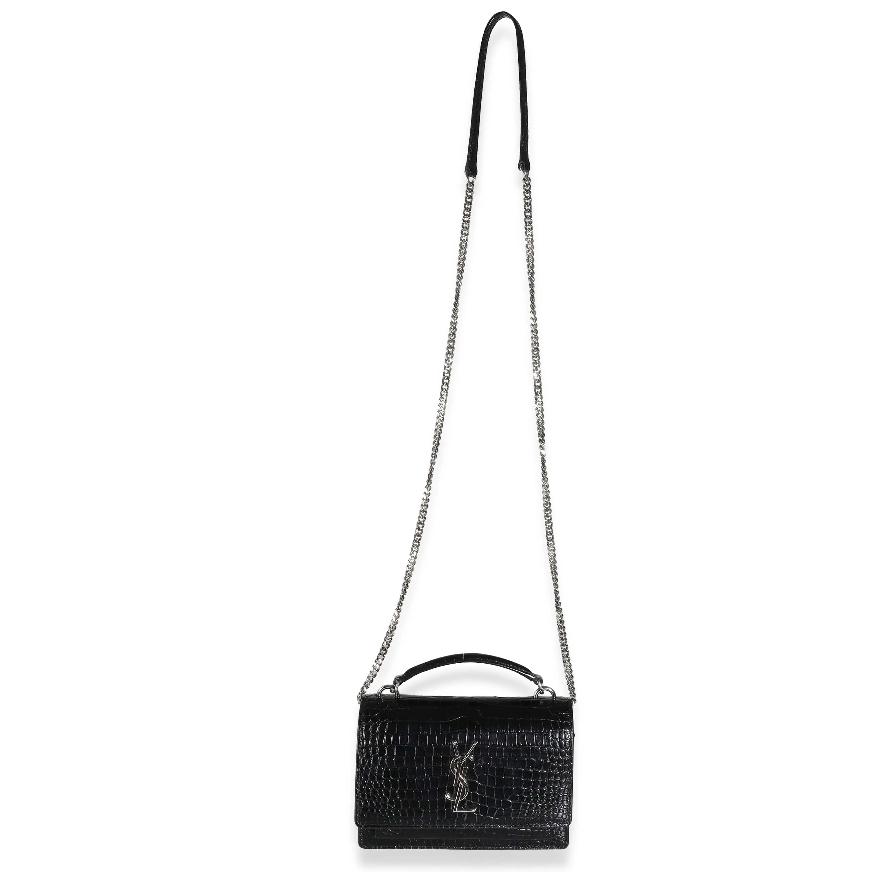 YSL Black Shiny Croc Embossed Sunset Chain Wallet
