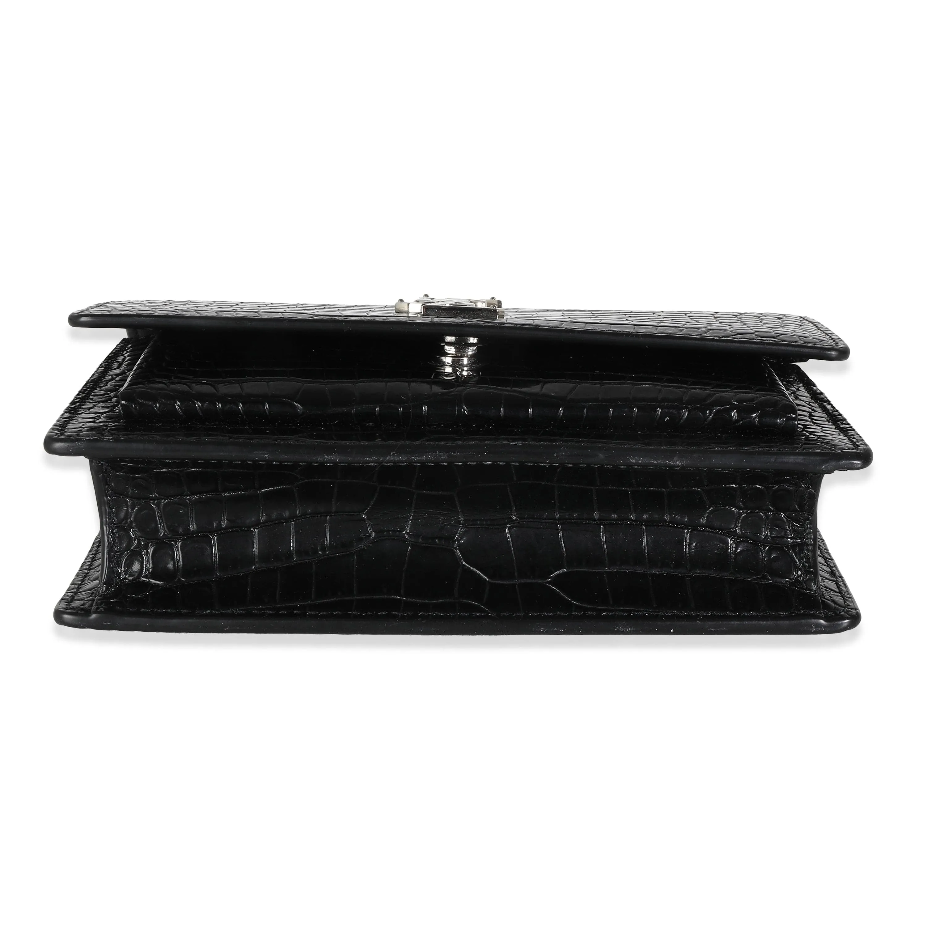 YSL Black Shiny Croc Embossed Sunset Chain Wallet