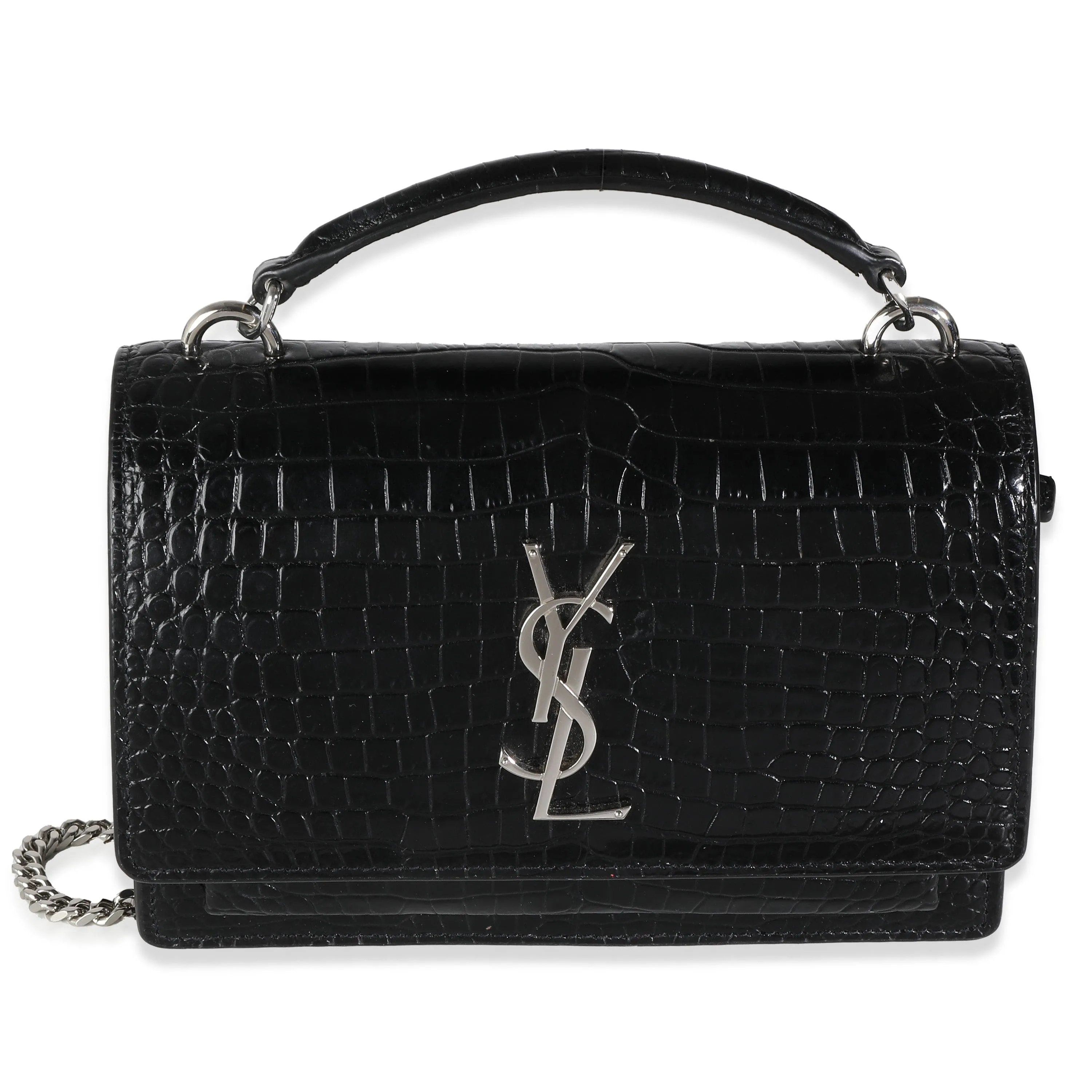 YSL Black Shiny Croc Embossed Sunset Chain Wallet