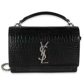YSL Black Shiny Croc Embossed Sunset Chain Wallet