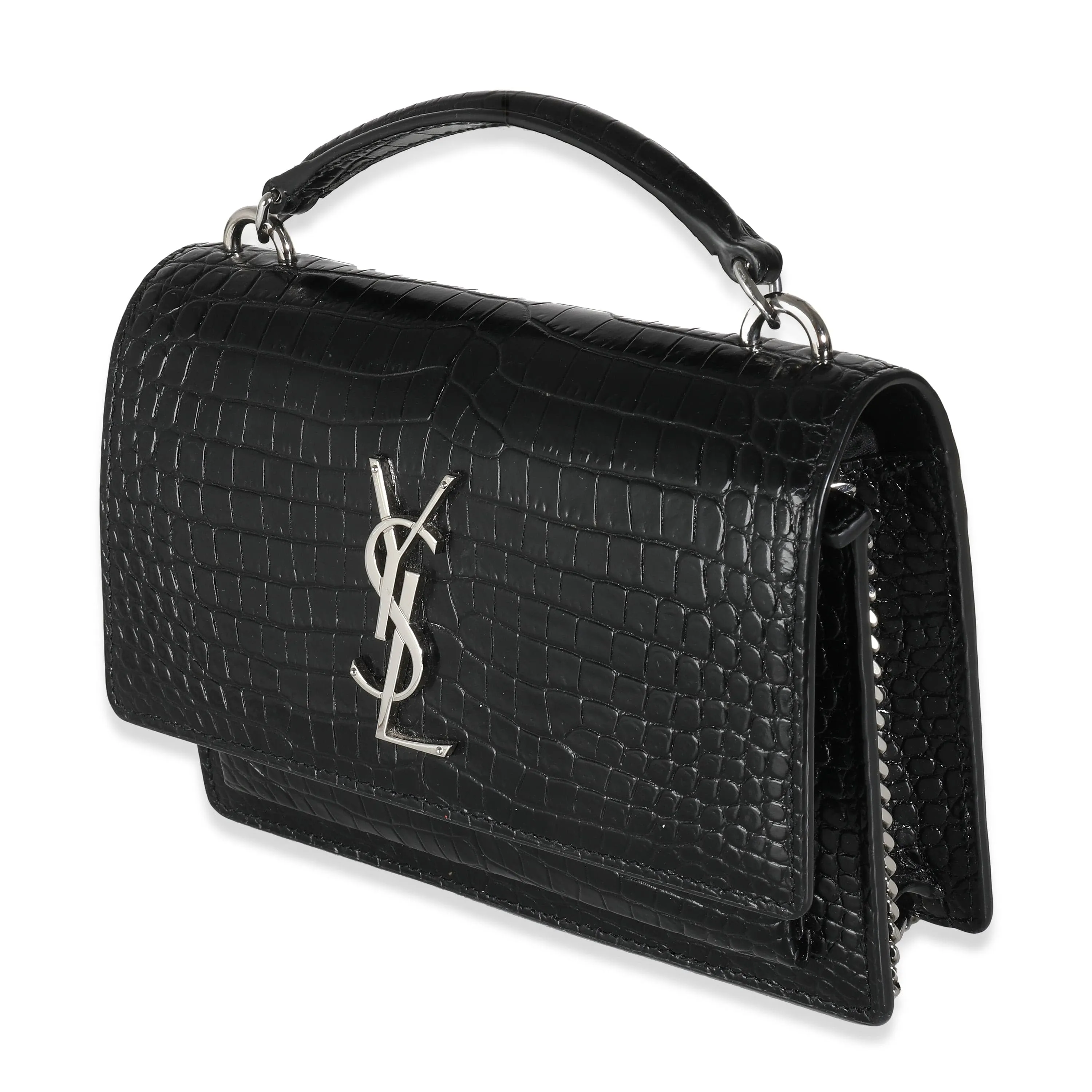 YSL Black Shiny Croc Embossed Sunset Chain Wallet